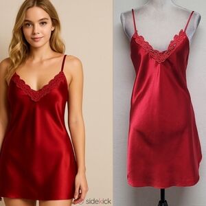 Intimate Affair Vintage 80s Red Satin Lace Trim Rounded Hem Mini Slip Dress L